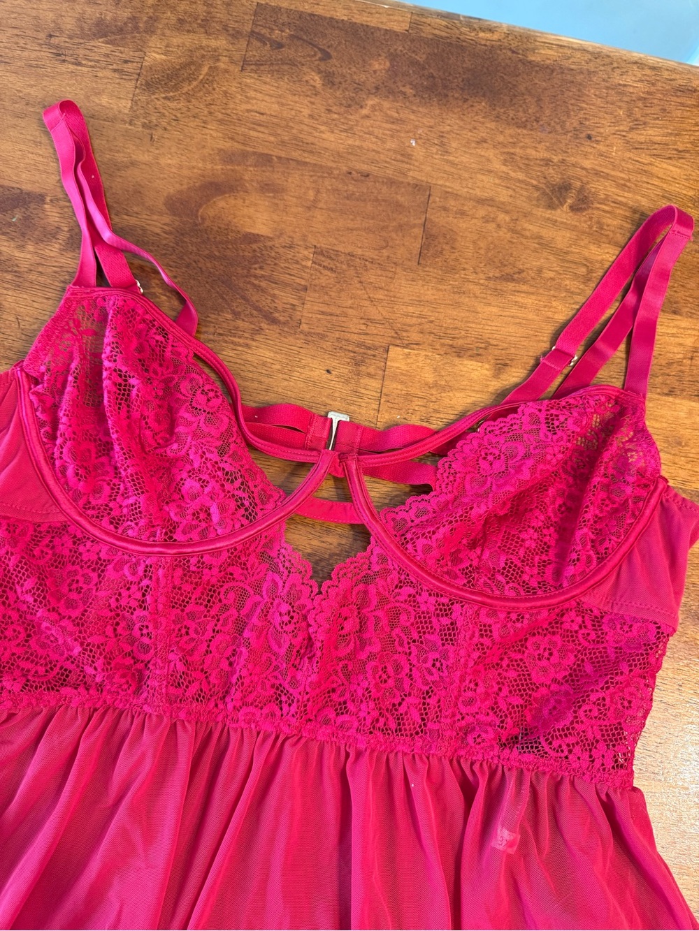 Adore Me Babydoll Lingerie Top Plus Size 3X Red Hot Pink Sheer Mesh Lace Cutout - Picture 2 of 12